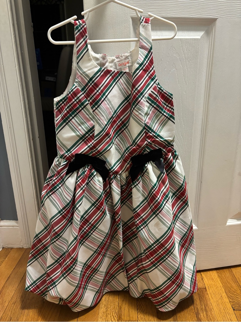 Cat & Jack White Red and Green Plaid Dress with Black Bows